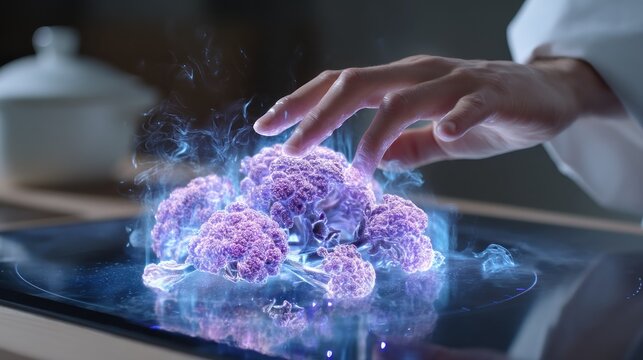 A hand touching a digital brain on a touch screen interface, with a blurred background and a glowing, futuristic design.