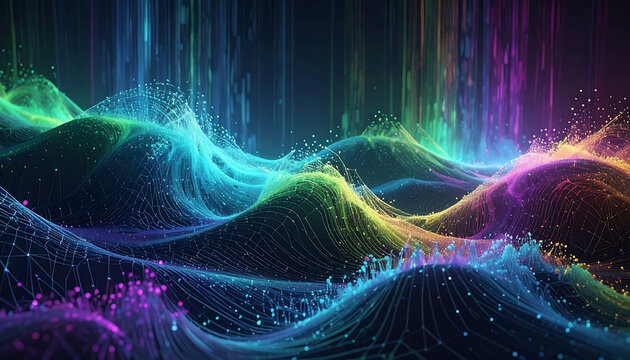 Vibrant abstract technology mesh background depicting data flow through a distorted, glowing multicolor particle texture, creating a dynamic digital landscape