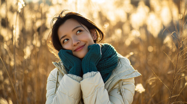 寒空の中コートを着て散歩している女性の写真　生成AI