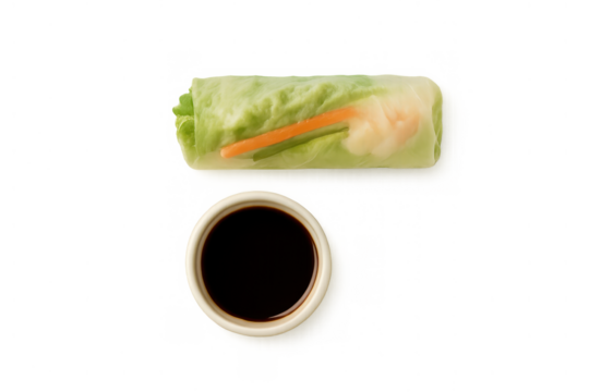 Fresh vietnamese spring roll with shrimp, lettuce, carrots, herbs, rice noodles, and a dipping sauce, top view, transparent background