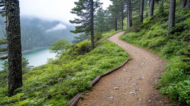 A serene, winding path through lush greenery leads to a tranquil lake, surrounded by misty mountains, inviting exploration in nature's beauty.