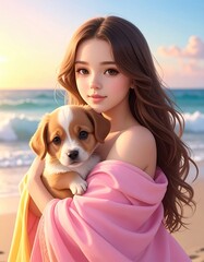 A serene beach scene featuring a young woman holding a cute puppy, wrapped in a pink shawl with waves and a soft sunset in the background.