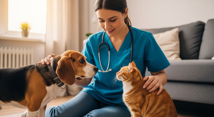 Veterinarian lovingly examines a happy dog and cat at home.