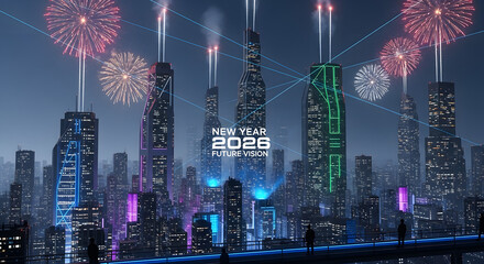 Digital city skyline with fireworks and glowing signs of 2026