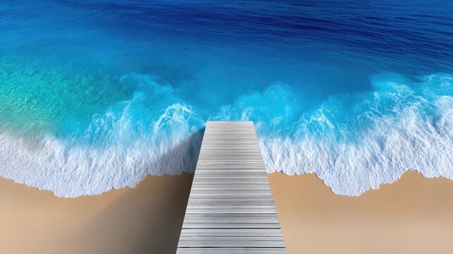 A serene wooden walkway leads to the clear turquoise ocean waters on a sunny day featuring gentle waves and sandy shorelines - Powered by Adobe