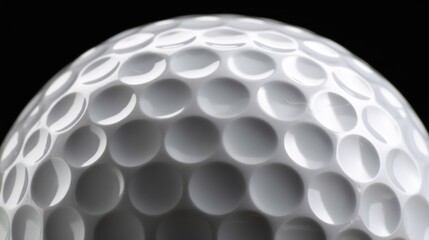 A close-up of a golf ball with a glossy surface, reflecting light, against a black background.