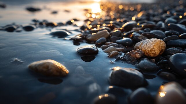 A rocky beach with pebbles and water, illuminated by the setting sun, with a golden hue and a few rocks reflecting the light. - Powered by Adobe
