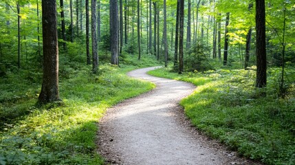 Fototapeta premium A winding path through a lush green forest, surrounded by tall trees and vibrant foliage, inviting exploration and tranquility.
