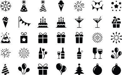 Holiday celebration icons, party hats, balloons, cakes, gifts, wine, Christmas tree, ornaments, fireworks, cocktails, festive vector silhouette set