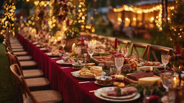A Festive Outdoor Dining Experience Surrounded by Twinkling Lights and an Abundant Feast for a Memorable Celebration