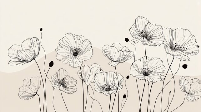 A black and white illustration of a poppy flower with a beige background.