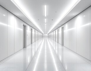 Obraz premium Long, modern hallway with doors, lit brightly