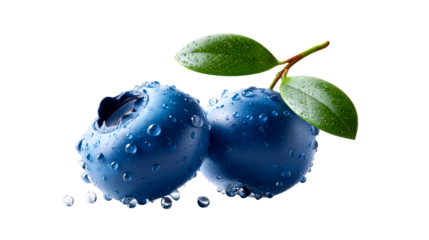 Two fresh blueberries covered in water droplets on a light background