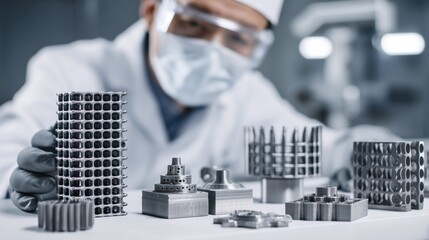 A scientist in a white lab coat and protective gear holds a stack of metallic objects, possibly parts of a 3D printed part, in a laboratory setting.
