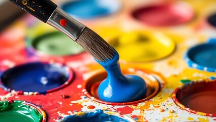 A paintbrush dipped in blue paint over a colorful paint palette with various paint colors present