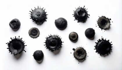 Abstract black ink splashes and drops on a white background, resembling viruses or cells. Dark liquid splatters, creative art, science, and medical concept.