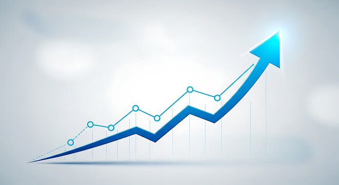 Blue upward-trending line graph with circular data points on a gradient background and rising arrow