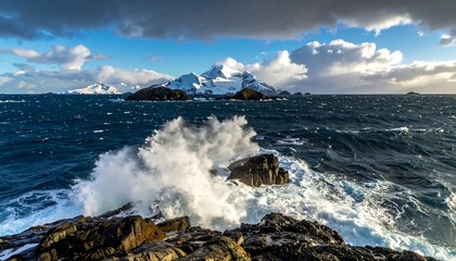 Dramatic coastal scene with crashing waves, rugged cliffs, distant snow-capped mountains, and a cloudy sky