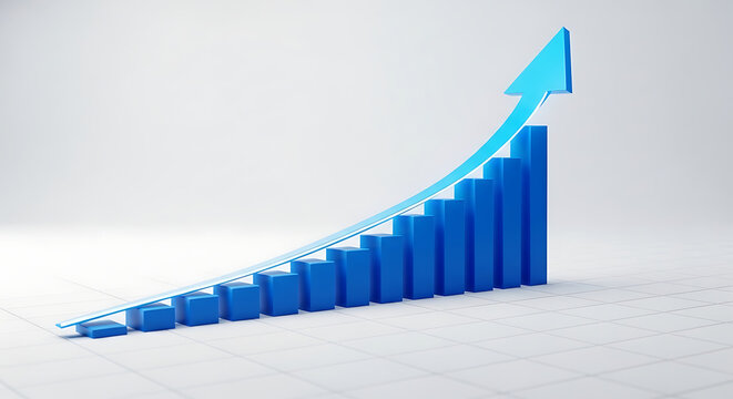 Blue 3D bar chart climbs along a curved grid plane toward a sharp upward arrow signaling growth now