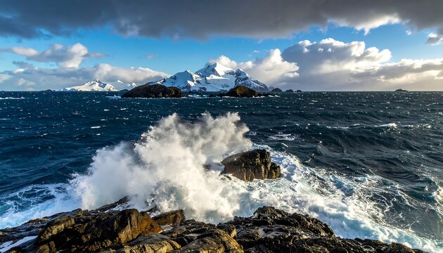 Dramatic coastal scene with crashing waves, rugged cliffs, distant snow-capped mountains, and a cloudy sky
