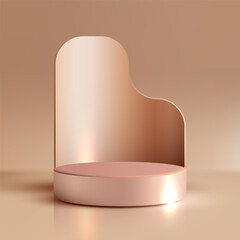 3D Luxury Rose Gold Podium Stage with Piano Shape Backdrop for Minimal Product Display Mockup and Cosmetic Advertising