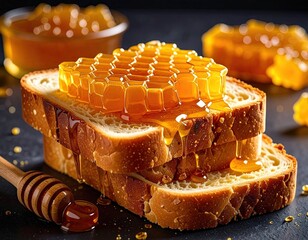 Honeycomb on toast, dripping honey, dark background