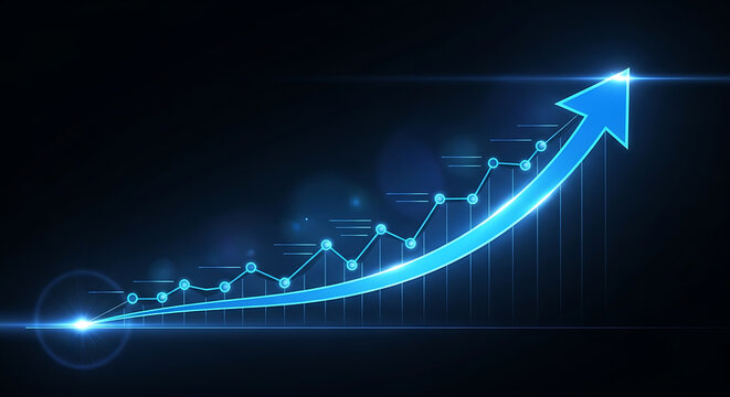 Neon blue data graph climbs upward with gleaming nodes and a bright arrow across a digital backdrop