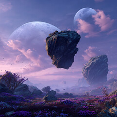Surreal Floating Islands under Twin Moons in Purple Fantasy Sky