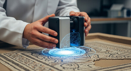 Researcher digitally scanning ancient mosaic with holographic visualization technology