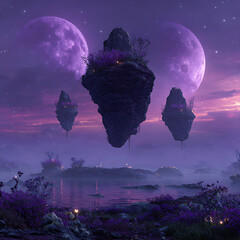 Surreal Floating Islands under Twin Moons in Purple Fantasy Sky