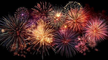 A vibrant display of colorful fireworks against a dark sky, with a cluster of fireworks in the foreground and a burst of light in the background.