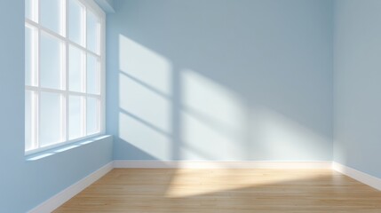 Fototapeta premium An empty room with light blue walls and a white textured ceiling features a large window casting natural sunlight on the