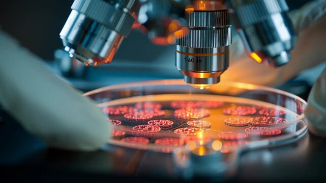 A microscope is being used to look at a sample of cells. Macro shot hands calibrating micro sensor reading single cell tumor activity level, sterile minimal lab, precision oncology lab