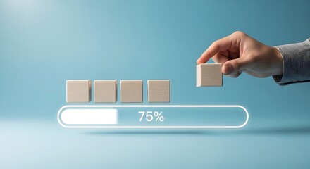 Hand completes seventy five percent progress bar with wooden blocks