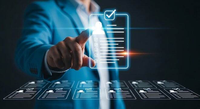 Man selects candidate profile on a digital interface for recruitment