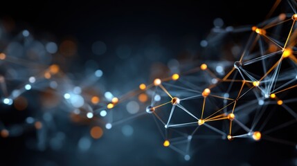 A complex network of interconnected lines and dots against a dark background, with a few glowing points scattered throughout.