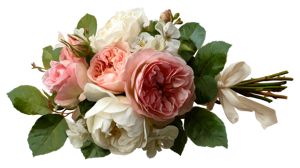 Floral arrangement of pink and white roses with green leaves and ribbon