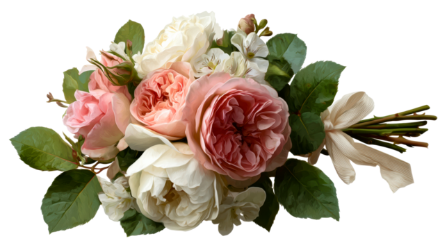 Floral arrangement of pink and white roses with green leaves and ribbon