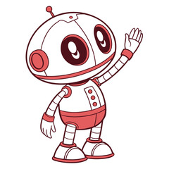 Friendly cartoon robot waving hello with a happy expression and red accents