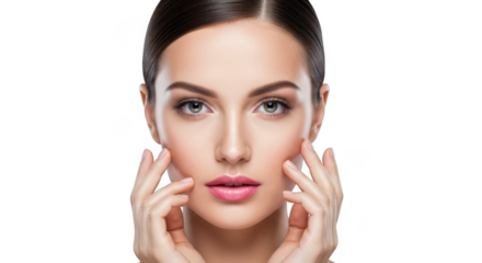 Beautiful young woman touching her face with glowing skin and natural makeup, isolated on transparent background