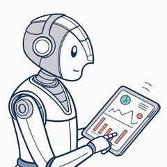 Friendly robot character analyzing financial data on a tablet screen with charts and graphs