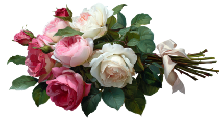 Elegant bouquet of pink and white roses with green leaves and ribbon