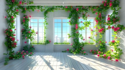 Fototapeta premium Room with Rose Vines and City View