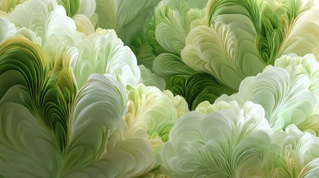 A vibrant abstract fractal pattern of green and white shapes, resembling leaves or flowers, set against a white background with a subtle gradient.
