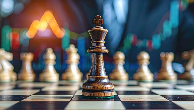 Chess King on Board with Financial Chart Background.