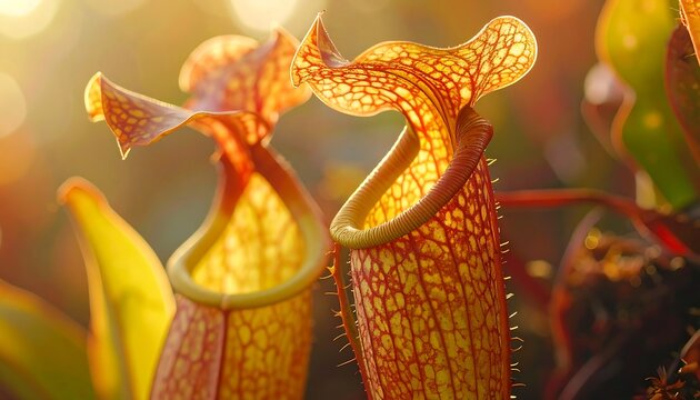 Stunning macro of pitcher plant illuminated by the sun, showcasing intricate details