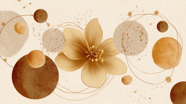 A beige and brown floral design with abstract geometric shapes and splatters of paint on a beige background.