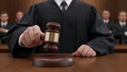 Judge's hand with gavel striking a table in a formal courtroom