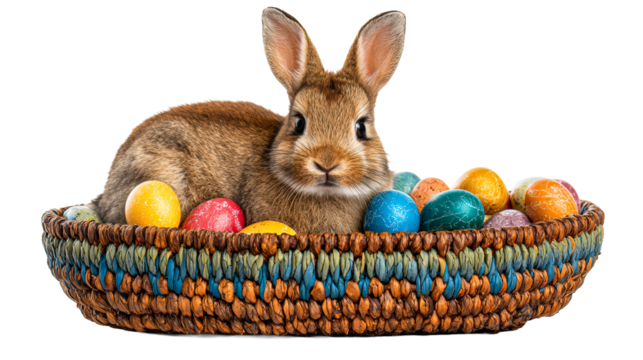 Small rabbit in basket with colorful eggs - Powered by Adobe