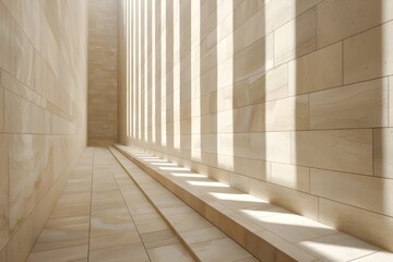 Fototapeta premium Architectural Light and Shadow Pattern on Pale Sandstone Corridor — Minimal Geometric Composition with Soft Sunlight and Realistic Texture